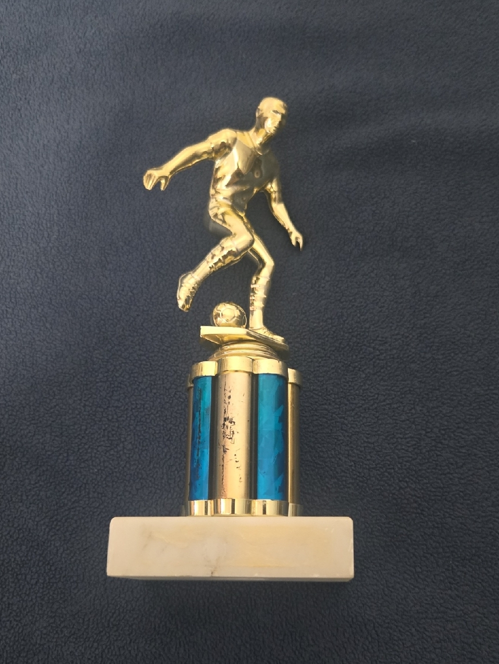 Gold Soccer Player Trophy Figurine with Blue Column